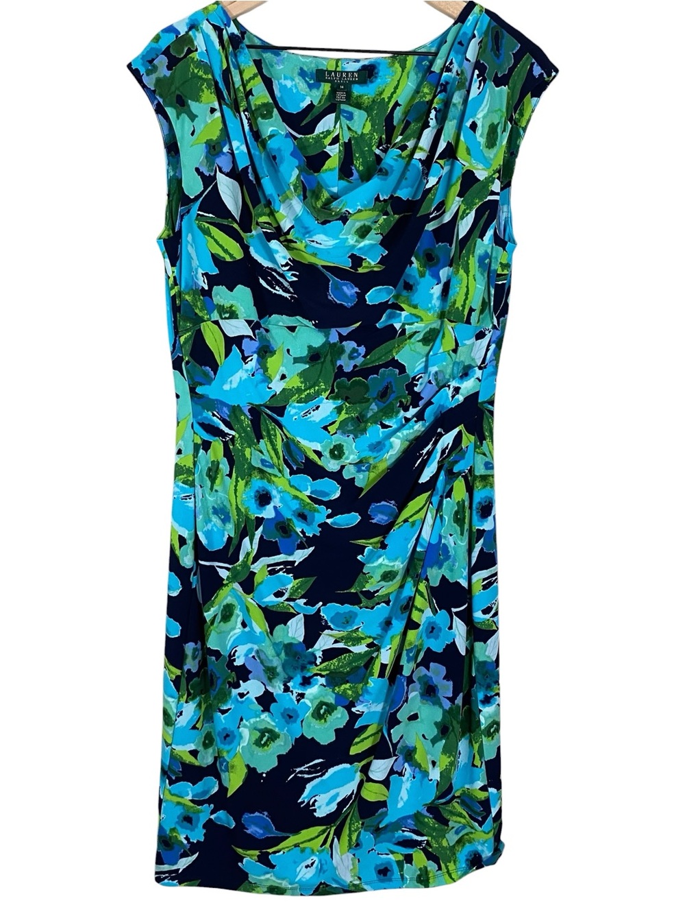 Lauren Ralph Lauren Womens Sheath Dress 14 Lined Ruched Side Floral Stretchy